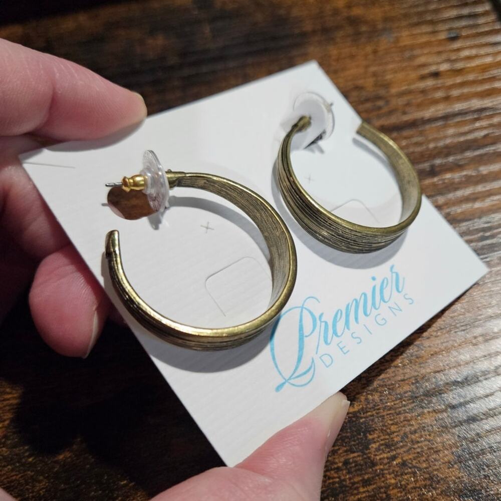 🪶 Premier Designs Antique Brass Multi Strand Wire Textured Hoop Earrings New